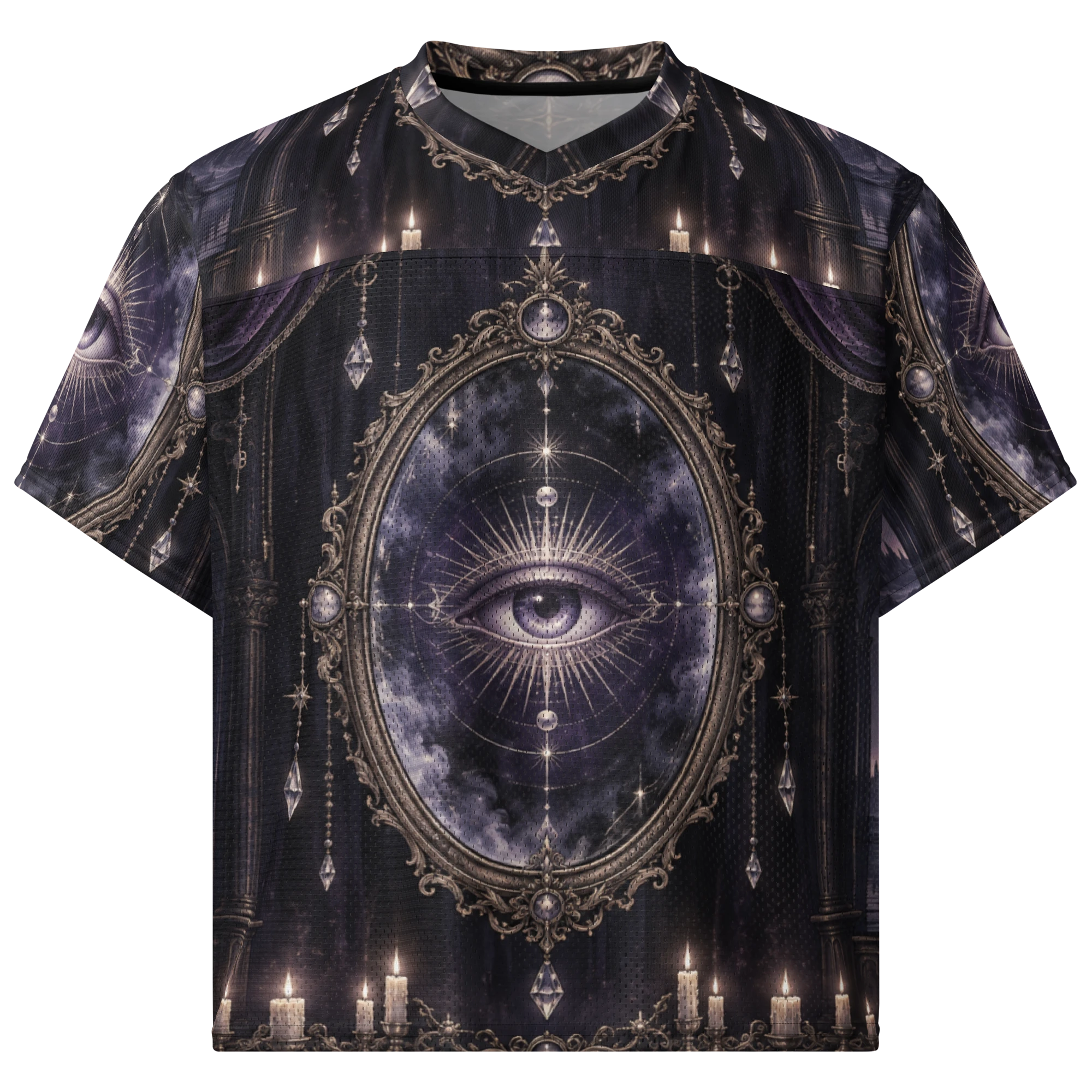 Front of a violet jersey with a luminous eye in an ornate frame and candles