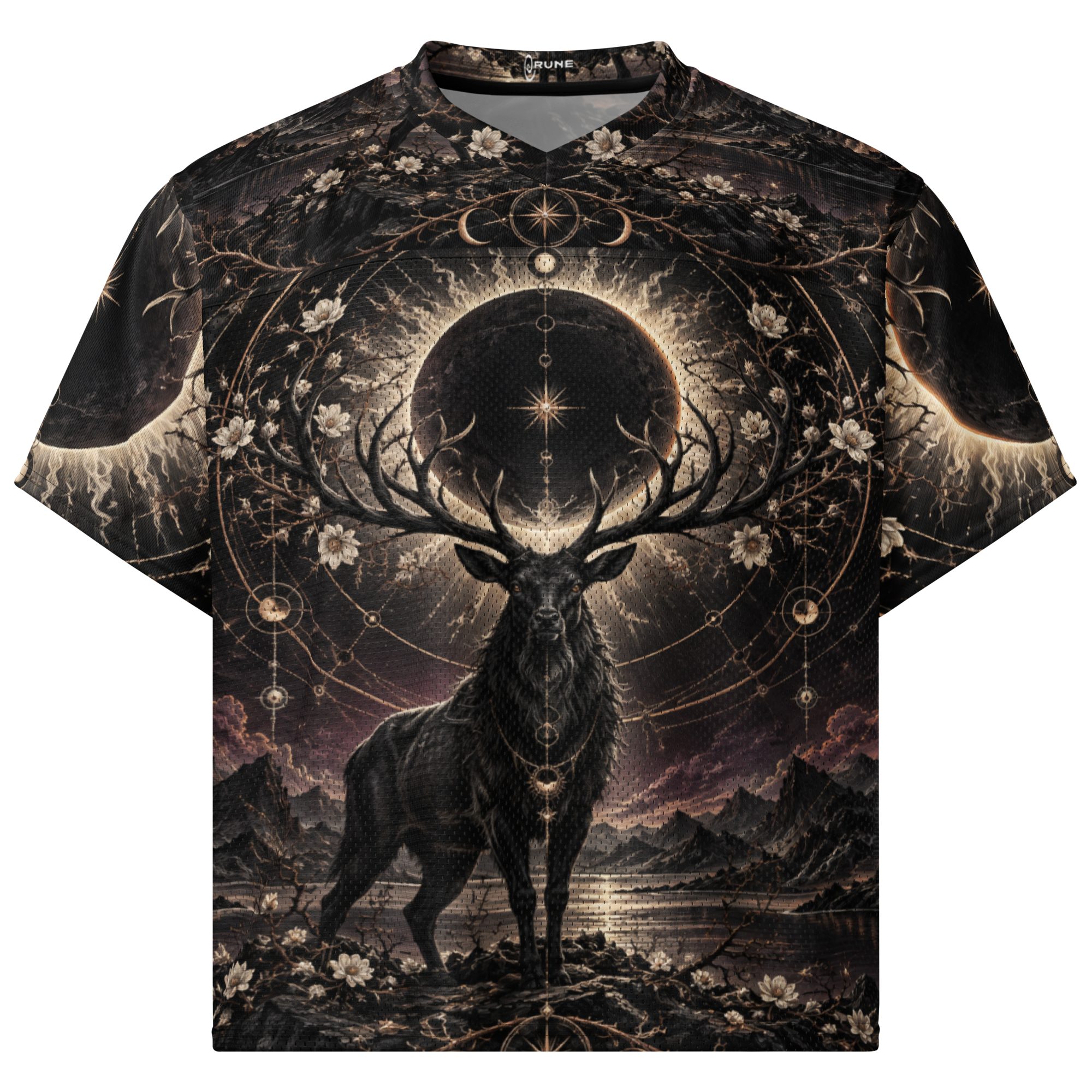Front of a RUNE jersey featuring a dark stag beneath an eclipse, mountains, and pale flowers