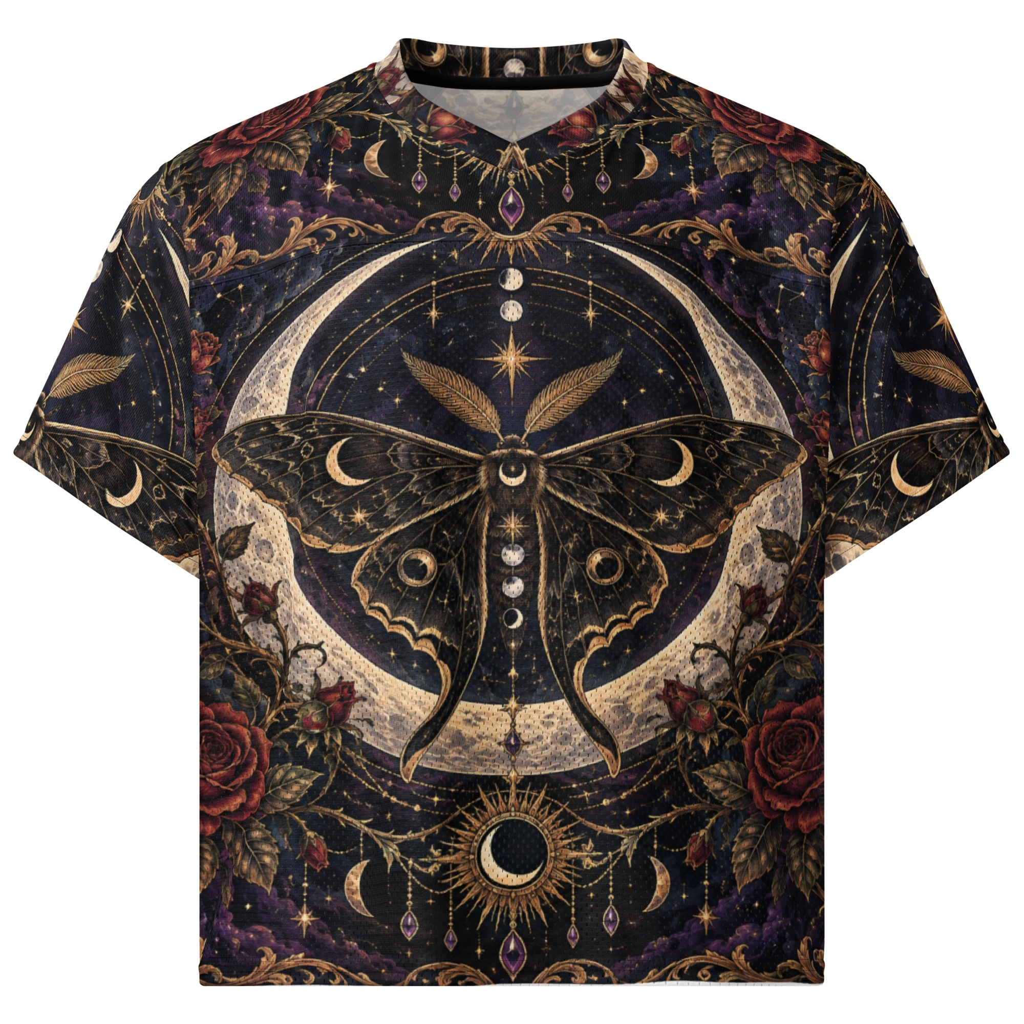 Front of a black and purple jersey with a lunar moth, crescent moons, red roses, and gold details