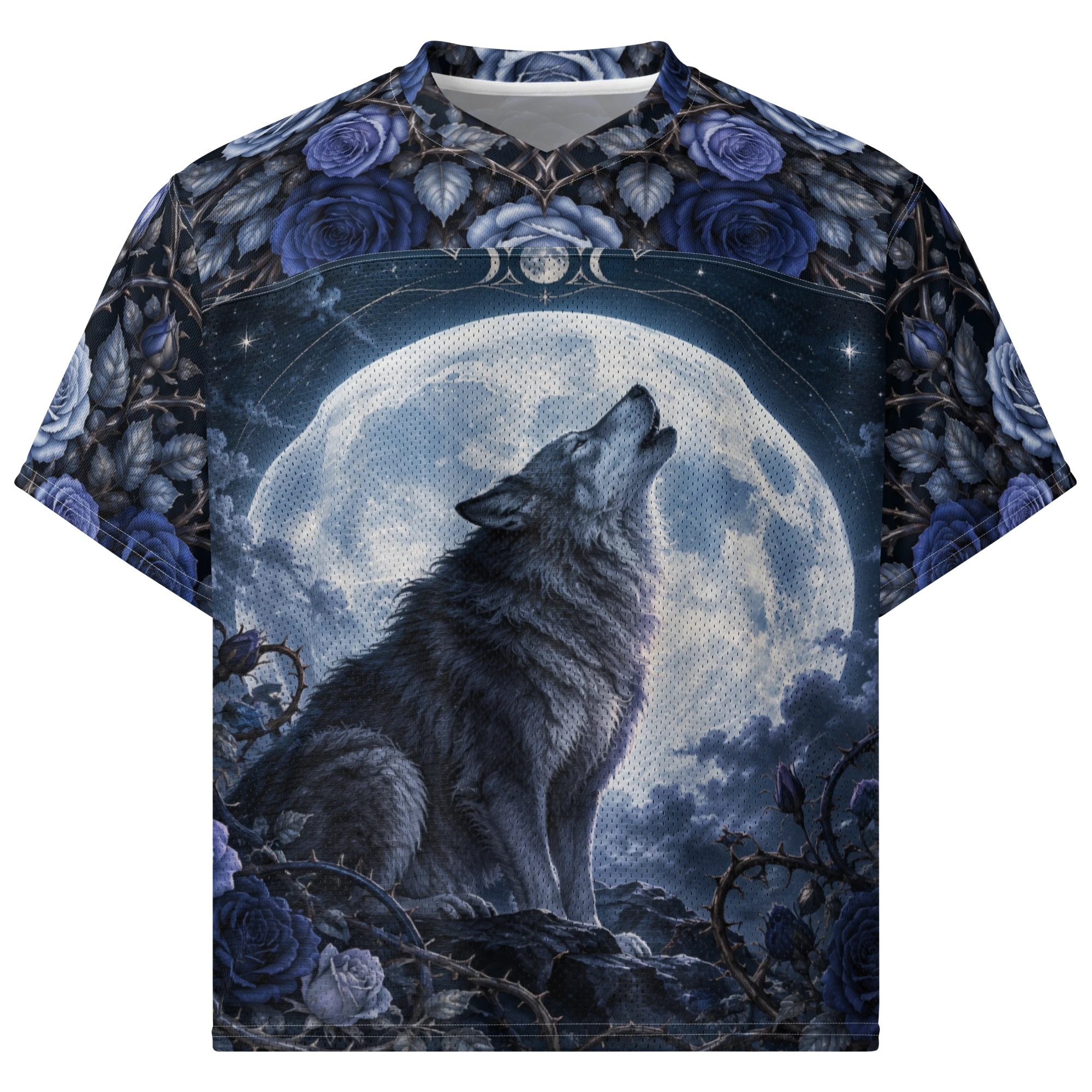 Front of a blue jersey with a howling wolf before a full moon and blue roses