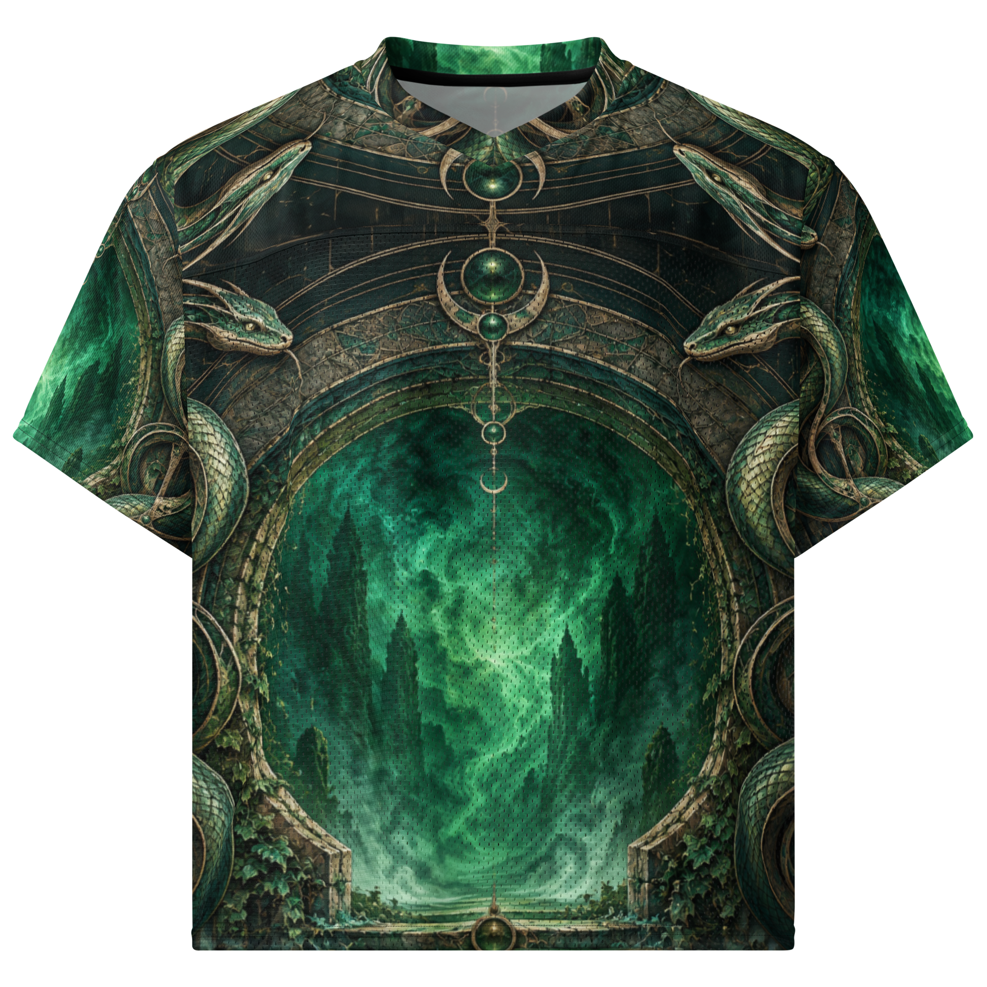 Front of an emerald jersey with winding serpents framing a glowing forest portal